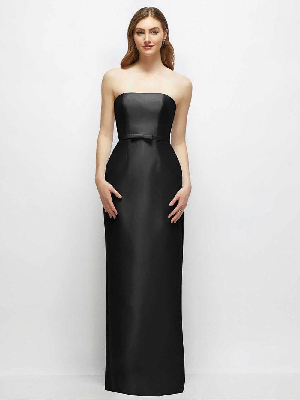 STRAPLESS SATIN COLUMN DRESS WITH BOW-TRIMMED SKINNY BELT IN BLACK